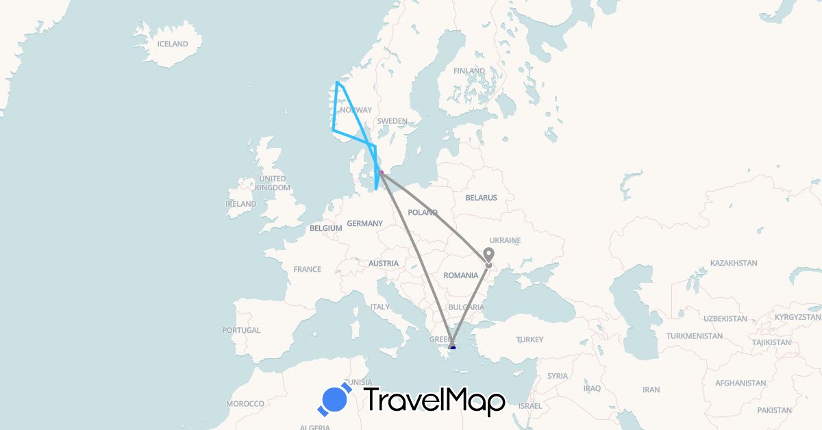 TravelMap itinerary: driving, plane, train, boat in Germany, Denmark, Greece, Moldova, Norway, Sweden (Europe)